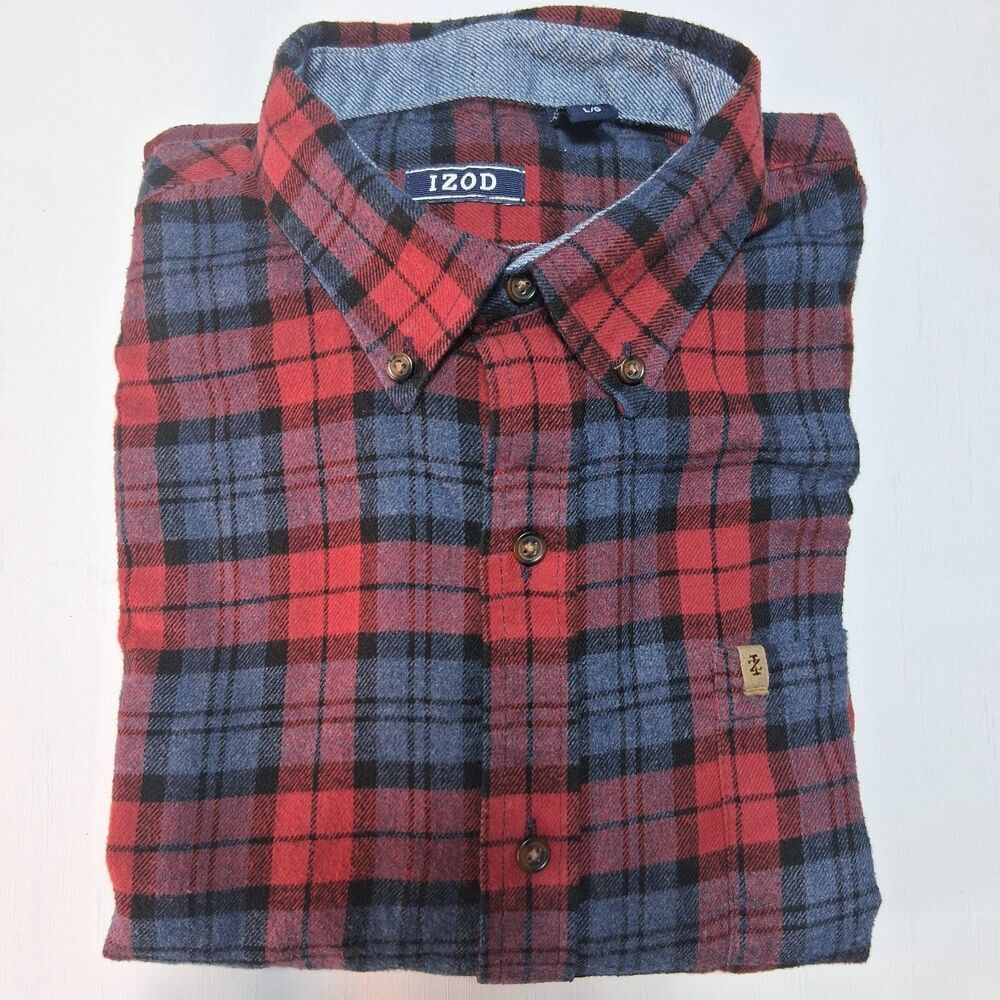 IZOD Mens Plaid Flannel Shirt Large Red Blue Long Sleeve Outdoor Gorpcore